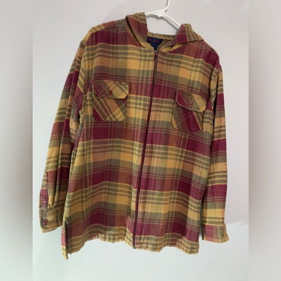 VTG Hooded Flannel Jacket Plaid Lightweight Multi color Size L Red Brown Yellow - Picture 3 of 7